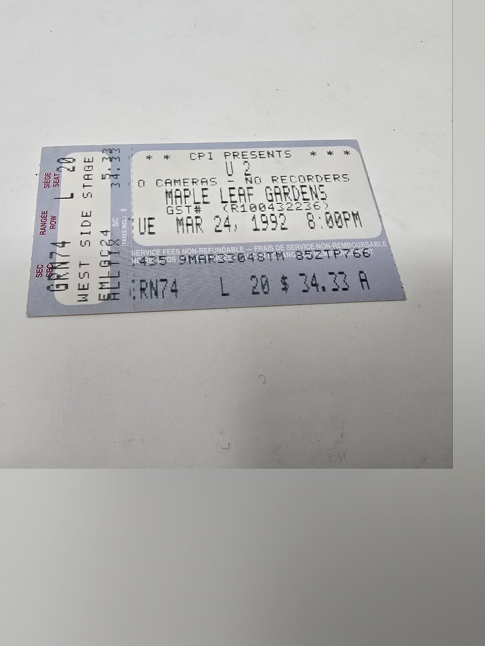U2 Concert Stub Vintage 90s 1992 Toronto Ticket Zoo TV Tour Maple Leaf Gardens
